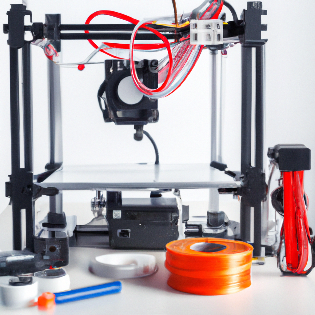 DIY 3d printer kit and parts on the desk with some tools