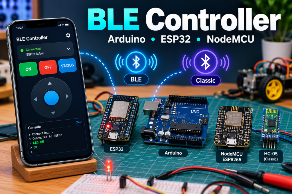 BLE Controller app connected to ESP32, Arduino Uno, ESP8266 NodeMCU and HC-05 Bluetooth module