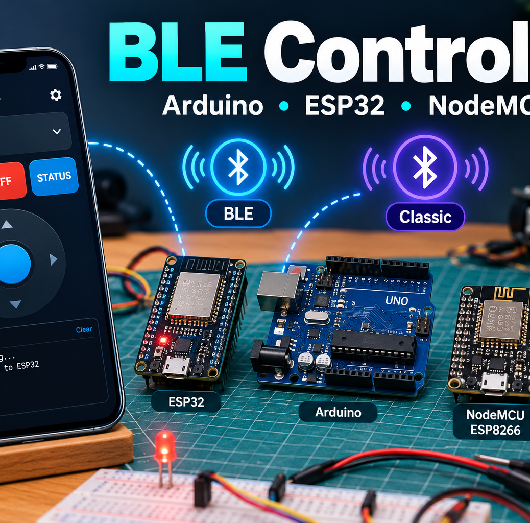 BLE Controller app connected to ESP32, Arduino Uno, ESP8266 NodeMCU and HC-05 Bluetooth module