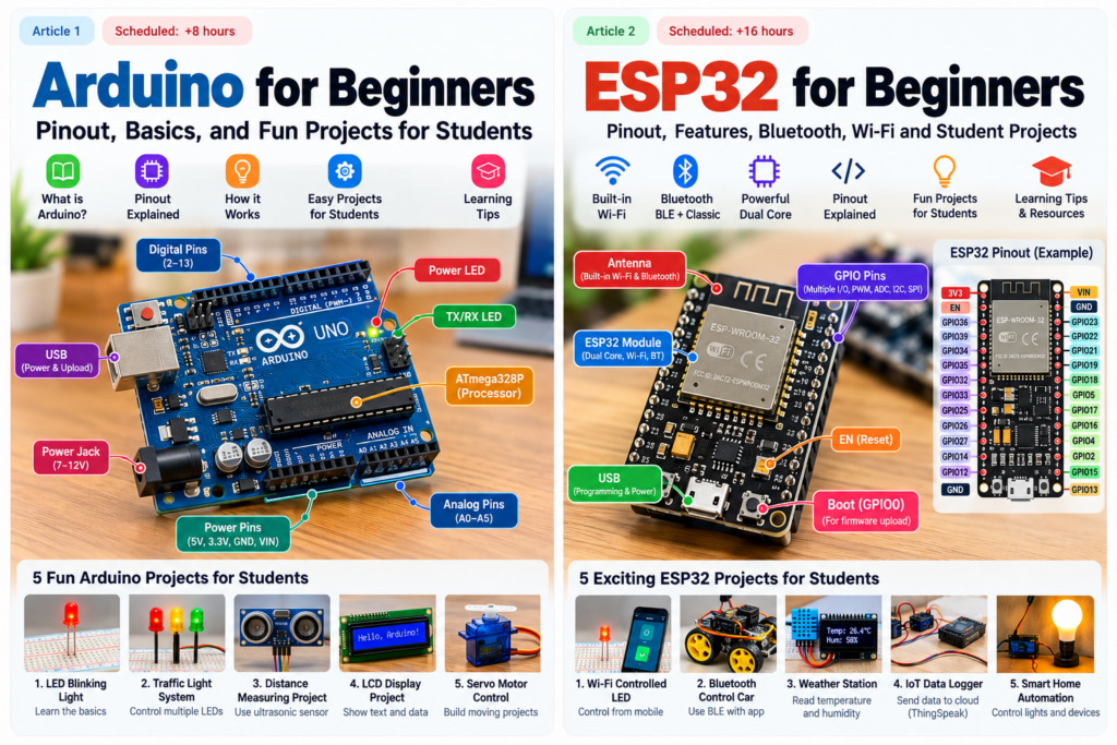 Arduino Uno board, educational pinout overview and student electronics project examples