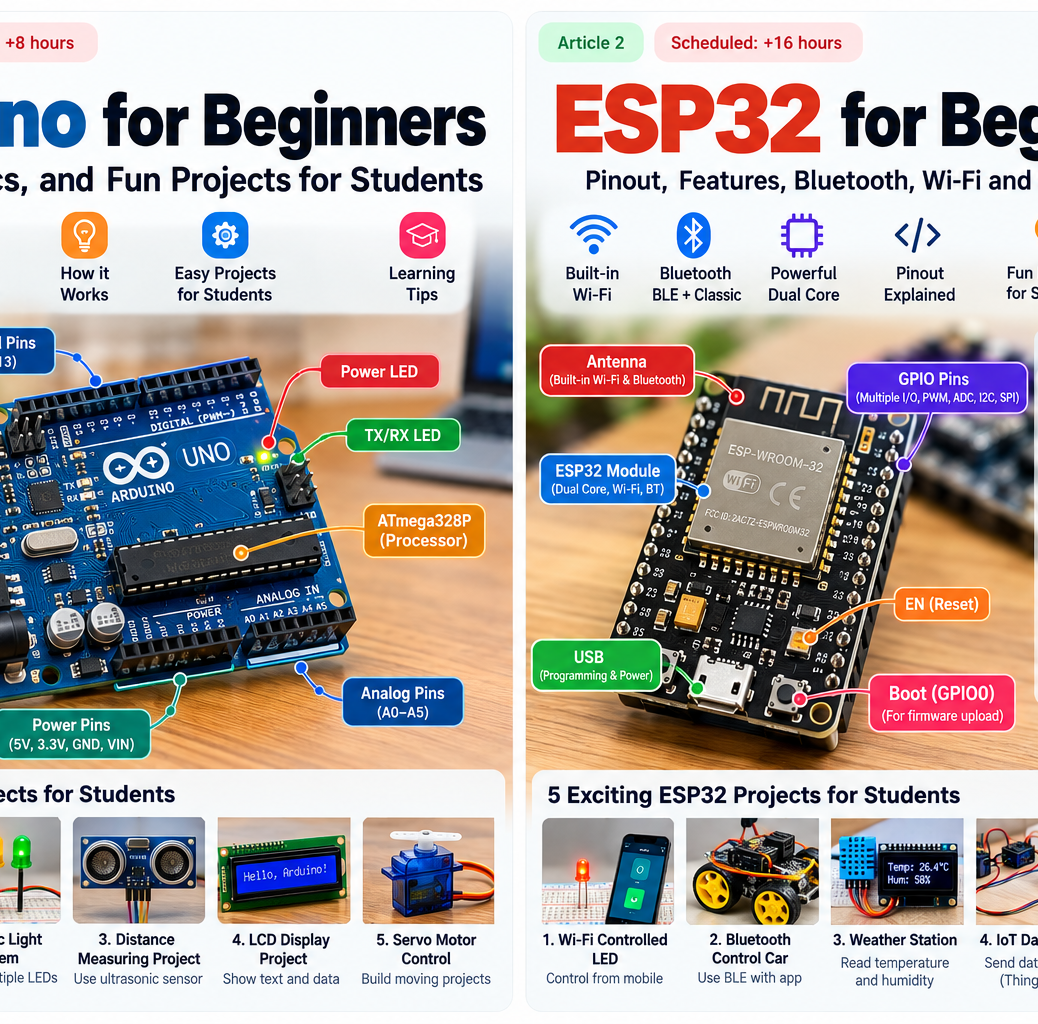 Arduino Uno board, educational pinout overview and student electronics project examples