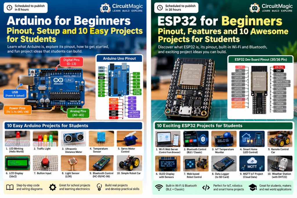 ESP32 board with Wi-Fi Bluetooth and beginner electronics project examples