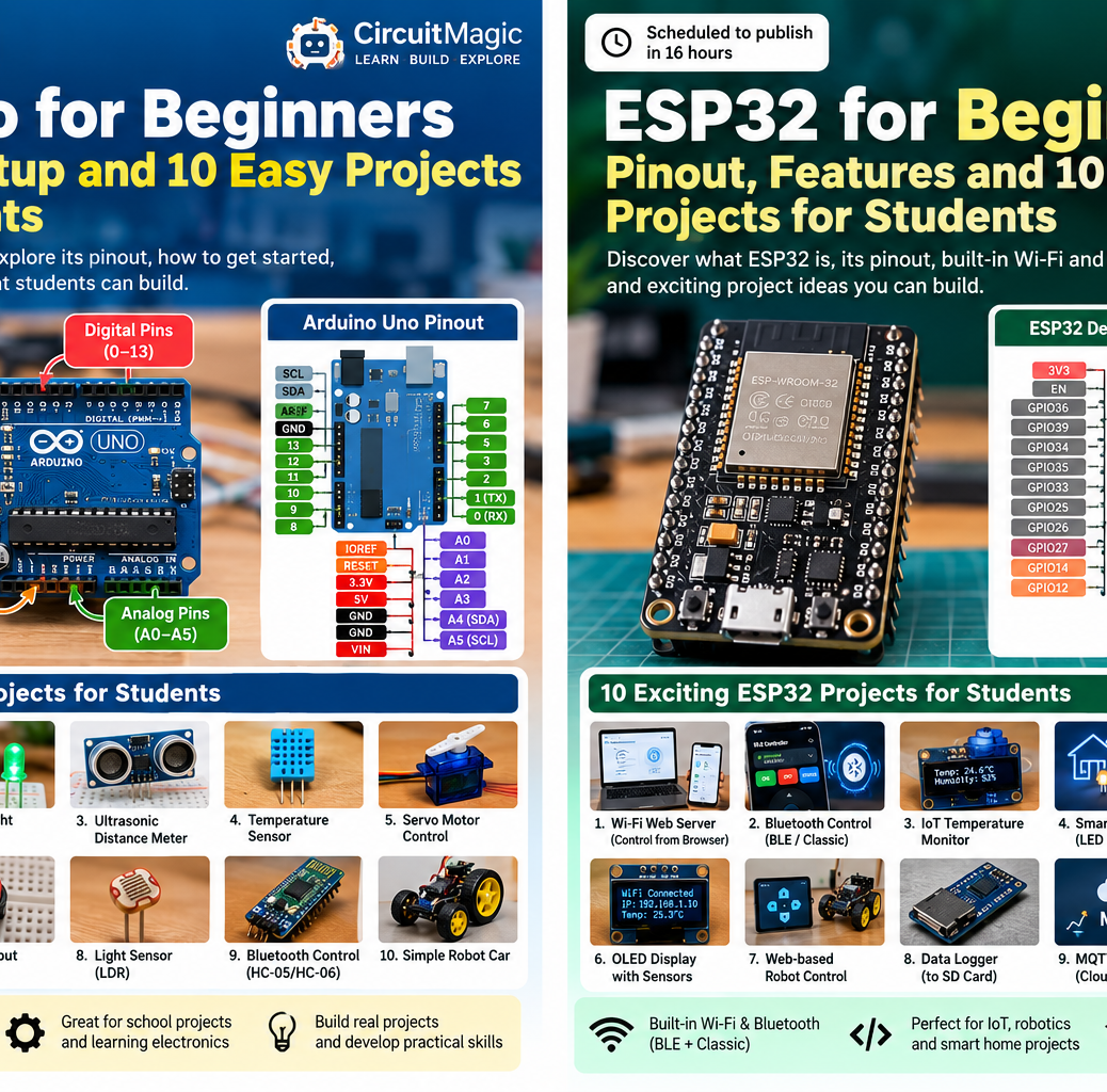 ESP32 board with Wi-Fi Bluetooth and beginner electronics project examples