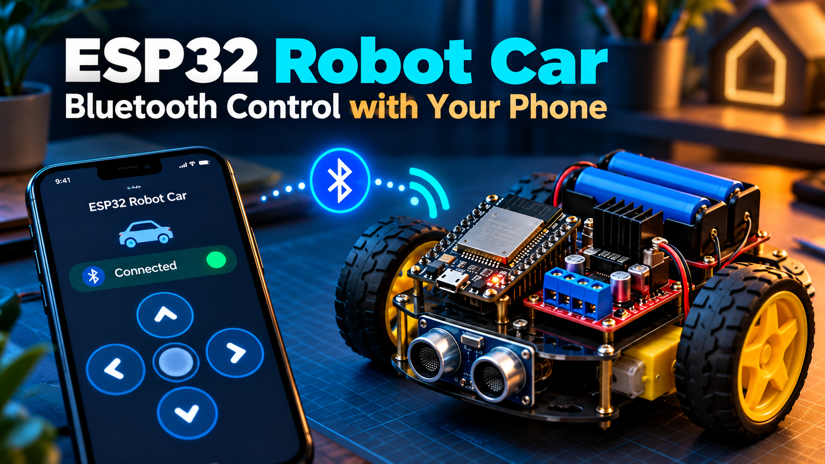 ESP32 Bluetooth-controlled robot car and smartphone illustration